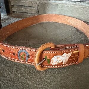 Vintage Western Leather Belt with Embossed Design